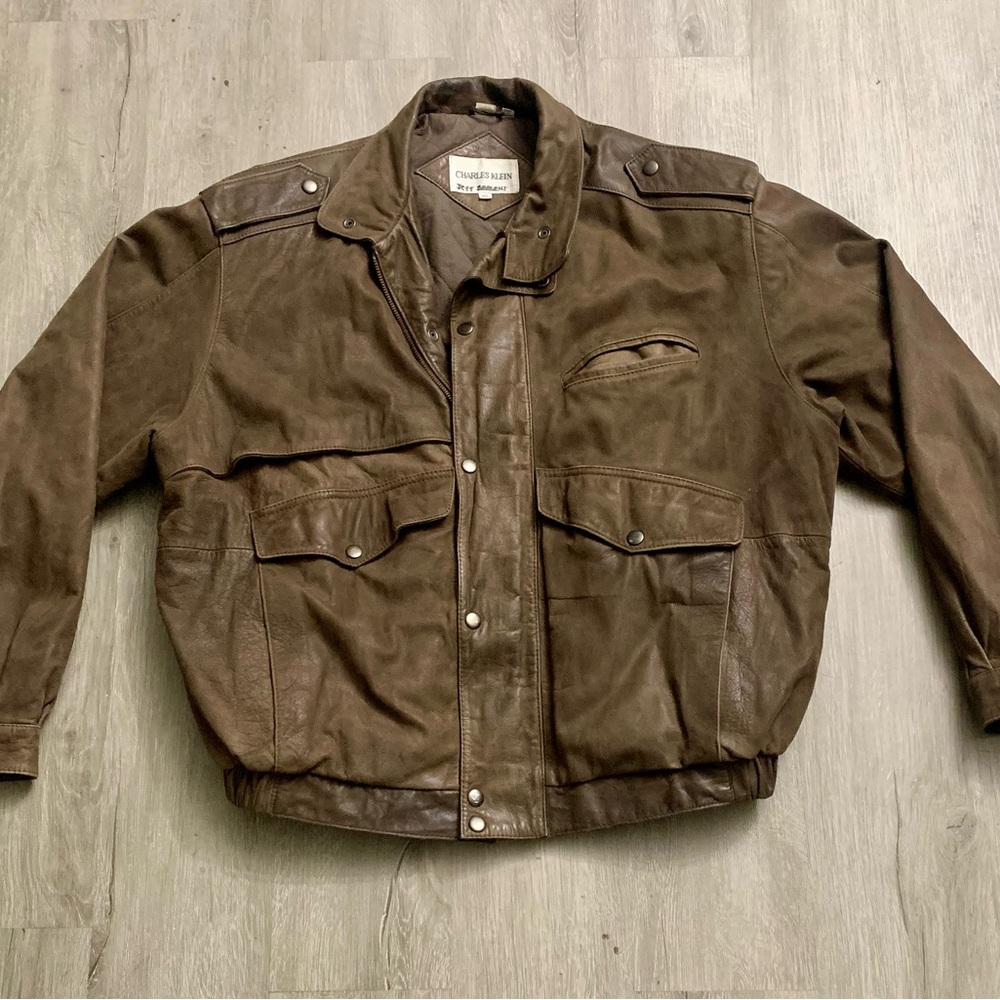 Charles Klein Brown Leather bomber Jacket